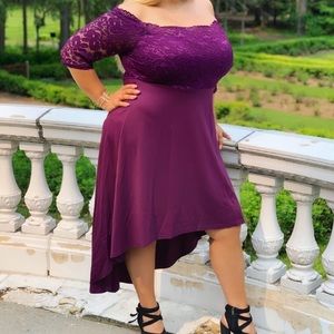 Purple High low dress lace top stretch gown XL